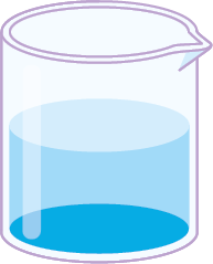Ilustração de um béquer transparente contendo um líquido azul ocupando cerca de metade do seu volume total.