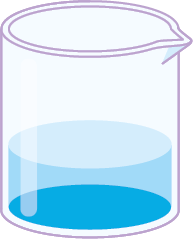 Ilustração de um béquer transparente contendo um líquido azul que ocupa aproximadamente um terço do volume total do béquer.