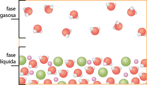 Ilustração de um sistema dividido em duas fases. Na parte superior, denominada fase gasosa, há várias esferas vermelhas, cada uma delas unidas por pequenas esferas brancas. Essas esferas estão dispersas. Na parte inferior, denominada fase líquida há esferas verdes, esferas roxas e esferas vermelhas unidas por esferas brancas, e todas estão mais próximas umas das outras.