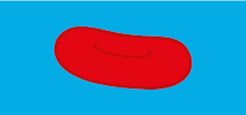 Ilustração de uma hemácia representada como uma estrutura oval de cor vermelha com uma curva interna, em um fundo azul.