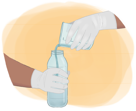Ilustração de duas mãos com luvas colocando um líquido de um copo medidor para dentro de uma garrafa.