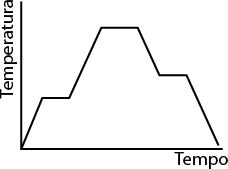 Gráfico de linhas com eixo vertical indicado como Temperatura e o eixo horizontal como Tempo. A curva se inicia crescente, depois em um curto tempo, a temperatura permanece constante. Em seguida há uma inclinação crescente, chegando a um ponto máximo, onde a temperatura permanece constate por um tempo, e decresce na sequência por um curto tempo, ficando constante novamente e depois segue decrescente voltando a temperatura inicial.