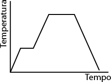 Gráfico de linhas com eixo vertical indicado como Temperatura e o eixo horizontal como Tempo. A curva se inicia crescente, depois em um curto tempo, a temperatura permanece constante. Em seguida há uma inclinação crescente, chegando a um ponto máximo, onde a temperatura permanece constate por um tempo, e decresce na sequência até a temperatura inicial.
