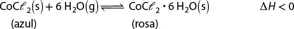 Esquema com uma equação química. À esquerda está: C O C l índice 2 abre parênteses, s fecha parênteses, mais 6 H índice 2 O abre parênteses, s fecha parênteses. Há duas setas na sequência, uma apontando para direita e outra para esquerda. E a direita está: C O C l índice 2 vezes 6 H índice 2 O abre parênteses, s fecha parênteses. A frente da equação está escrito: delta H menor que zero. Abaixo da parte esquerda da equação está escrito azul, e abaixo da parte a direita está escrito rosa.
