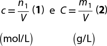 Esquema com equações. Equação 1: C igual a n 1 sobre V que corresponde a mol por litro. E equação 2: C igual a m 1 sobre V correspondendo a unidade grama por litro.
