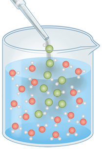 Ilustração de um béquer contendo um líquido azul escuro com representações moleculares. Há dois tipos, uma com uma esfera vermelha conectada a duas brancas e uma verde conectada a uma branca. Uma pipeta acima do béquer está adicionando novas moléculas verdes e brancas. As esferas verdes estão concentradas no centro com as esferas vermelhas ao redor.