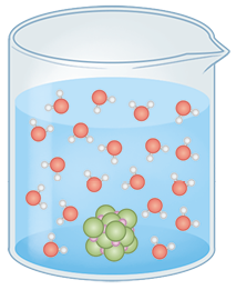 Ilustração de um béquer contendo um líquido azul com representações moleculares. Há uma representação com uma esfera vermelha conectada a duas brancas e uma representação de um bloco cúbico com várias esferas verdes e rosas conectadas.