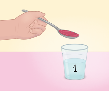 Ilustração de uma mão segurando uma colher com um material vermelho sobre um copo transparente numerado com o número 1 contendo um líquido incolor.