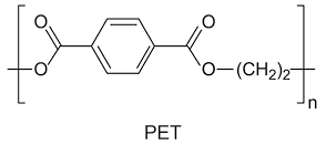 Estrutura química do polímero PET. Ela é formada por símbolos de elementos químicos e linhas dentro de colchetes, na qual, no meio há um hexágono regular que tem linhas duplas alternadas em três de seus lados. O vértice mais à esquerda desse hexágono está ligado a um elemento O por duas linhas que formam um vértice, a qual está ligado a outro elemento O por uma linha dupla. O primeiro O também está ligado a outra linha simples que cruza o colchete. O vértice mais à direita do hexágono está ligado a um elemento O por duas linhas que formam um vértice, a qual está ligado a outro elemento O por uma linha dupla. O primeiro O também está ligado por uma linha simples a abre parênteses, C H índice 2, fecha parênteses, índice 2, a qual está ligado a uma linha simples que cruza o colchete. Também há um n subscrito ao colchete.