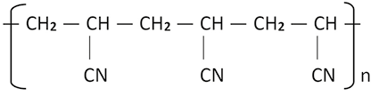Estrutura química formada por símbolos de elementos químicos e linhas. Da esquerda para direita: abre colchetes, uma linha simples está ligada a uma sequência com seis grupos alternando entre C H e C H índice 2, ligados por linha simples. Cada C H também está ligado ao grupo C N por uma linha simples. Ao final, o último C H está ligado a uma linha simples cruzando o colchete. Também há um n subscrito ao colchete.