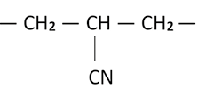 Estrutura química formada por símbolos de elementos químicos e linhas. Da esquerda para direita: há uma linha conectada ao grupo C H índice 2, seguido por uma linha conectada ao grupo C H com uma linha conectada a outro grupo C H índice 2 que está conectado a outra linha. C H também está conectado ao grupo C N abaixo, por uma linha.