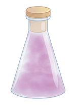 Ilustração de um recipiente fechado com formato cônico com uma base larga que se estreita em direção ao gargalo. No interior do frasco, há um material de coloração rosa, com uma aparência levemente turva.