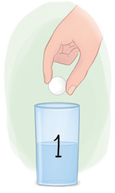 Ilustração de um copo transparente numerado por 1 contendo água até aproximadamente a metade de sua altura. Acima dele uma mão está segurando uma pastilha branca arredondada.
