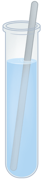 Ilustração de um tubo de ensaio transparente contendo um líquido de cor azul clara. Dentro do tubo há uma haste cilíndrica inclinada e parcialmente submersa no líquido.