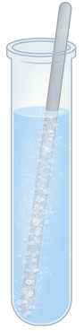 Ilustração de um tubo de ensaio transparente contendo um líquido de cor azul clara. Dentro do tubo, há uma haste cilíndrica inclinada, parcialmente submersa no líquido. A haste apresenta pequenas bolhas brancas aderidas à sua superfície, distribuídas ao longo de seu comprimento submerso.