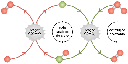 Esquema representando um processo químico. À esquerda há uma esfera vermelha seguindo o trajeto de uma seta vermelha. No meio do percurso curvo da seta há um texto escrito: reação C l O mais O. A seta continua e o percurso finaliza em uma representação de duas esferas vermelhas conectadas por dois palitos. A partir do texto segue-se outra seta vermelha que encontra uma esfera verde e a seta também fica verde, incidindo em outro texto escrito: reação C l mais O índice 3. A seta segue o caminho curvo e encontra-se com uma representação de uma esfera verde conectada a uma vermelha por um palito. Dessa representação, a seta segue para o primeiro texto, formando um ciclo denominado ciclo catalítico do cloro. Do segundo texto segue uma seta verde até uma representação de duas esferas vermelhas unidas por dois palitos, e acima do texto, há uma seta curva verde que chega a partir de uma representação de 3 esferas vermelhas, sendo uma acima conectada por dois palitos com uma abaixo e à esquerda, e conectada por um palito com outra abaixo e à direita. E a direção da seta verde está indicada como destruição do ozônio.