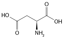 Estrutura química formada por símbolos de elementos químicos e linhas. Da esquerda para a direita: há um grupo H O ligado a uma sequência de cinco linhas formando quatro vértices, na qual, o primeiro e o quarto vértice estão ligados a um elemento O por uma linha dupla cada um. O terceiro vértice está ligado a um grupo N H índice 2 por um triângulo cheio, e ao final da quinta linha está o grupo O H.