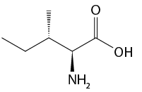 Estrutura química formada por símbolos de elementos químicos e linhas. Da esquerda para a direita há uma sequência de cinco linhas formando quatro vértices, na qual, o segundo está ligado a um triângulo tracejado; o terceiro está ligado a um grupo N H índice 2 por um triângulo cheio; o quarto vértice está ligado a um elemento O por uma linha dupla; e ao final da quinta linha está o grupo O H.