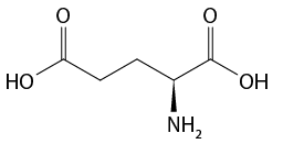 Estrutura química formada por símbolos de elementos químicos e linhas. Da esquerda para a direita: há um grupo H O ligado a uma sequência de seis linhas formando cinco vértices, na qual, o primeiro e o quinto vértice estão ligados a um elemento O por uma linha dupla cada um. O quarto vértice está ligado a um grupo N H índice 2 por um triângulo cheio, e ao final da quinta linha está o grupo O H.