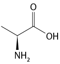 Estrutura química formada por símbolos de elementos químicos e linhas. Da esquerda para a direita há uma sequência de três linhas formando dois vértices, na qual, o primeiro está ligado a um grupo N H índice 2 por um triângulo cheio; o segundo vértice está ligado a um elemento O por uma linha dupla; e ao final da terceira linha está o grupo O H.