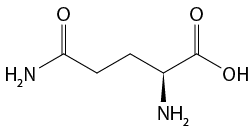 Estrutura química formada por símbolos de elementos químicos e linhas. Da esquerda para a direita: há um grupo H índice 2 N ligado a uma sequência de seis linhas formando cinco vértices, na qual, o primeiro e quinto vértice estão ligados a um elemento O por uma linha dupla cada um; o quarto vértice está ligado a um grupo N H índice 2 por um triângulo cheio; e ao final da sétima linha está o grupo O H.