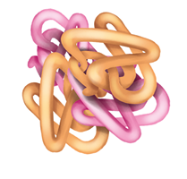 Ilustração de uma estrutura proteica tridimensional. Há uma cadeia enovelada composta por fitas entrelaçadas em tons de rosa e laranja.