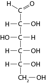 Estrutura química formada por símbolos de elementos químicos e linhas. Há uma sequência de cinco elementos C ligados por linhas simples e dispostos verticalmente. O primeiro C está ligado a um elemento H por uma linha simples e está ligado a um elemento O por uma linha dupla. Os demais elementos C, cada um está ligado a um elemento H e a um grupo O H. O último C também está ligado a um grupo C H índice 2 que está ligado a um grupo O H.