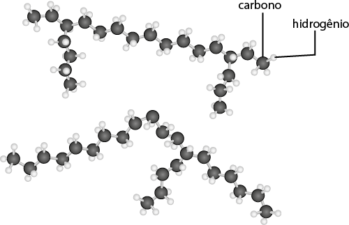 Ilustração de uma estrutura tridimensional composta por esferas conectadas por palitos. Estão representadas duas ramificações irregulares com esferas pretas que correspondem ao carbono conectadas a pequenas esferas brancas que correspondem ao hidrogênio.