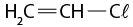 Estrutura química formada por símbolos de elementos químicos e linhas. Há um grupo H índice 2 C ligado a um grupo C H por uma linha dupla, que está ligado a um grupo C l por uma linha simples.