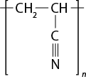 Estrutura química formada por símbolos de elementos químicos e linhas. Entre colchetes há um grupo C H índice 2 ligado a um grupo C H por uma linha simples, e que está ligado a um elemento C abaixo por uma linha simples. Esse C está ligado a um elemento N por uma linha tripla. À esquerda do C H índice 2 e à direita de C H também há uma linha simples cruzando o colchete. E há um n subscrito ao colchete.