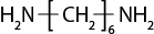 Estrutura química formada por símbolos de elementos químicos e linhas. Há um grupo H índice 2 N ligado a um grupo C H índice 2 que está entre colchetes com índice 6 ligado a um grupo N H índice 2. As linhas são simples cruzando o colchete.