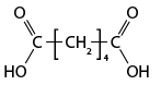 Estrutura química formada por símbolos de elementos químicos e linhas. Há dois elementos C, um em cada extremidade, e cada um deles está ligado a um elemento O por uma linha dupla, e a um grupo O H por uma linha simples. Os dois elementos C também estão ligados a um grupo C H índice 2 que está no centro, entre colchetes com índice 4 e com linhas simples cruzando o colchete.