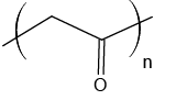 Estrutura química formada por símbolos de elementos químicos e linhas. Entre parênteses há uma sequência de três linhas formando dois vértices, em que o segundo está ligado a um elemento O por linha dupla e as linhas das extremidades cruzam os parênteses. Há um n subscrito nos parênteses.