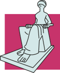 Estátua de mulher com os olhos vendados. Ela está sentada e segura uma espada.