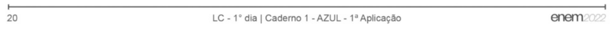 Rodapé da prova do Enem. No canto esquerdo, há o número '20'; ao centro, a inscrição: 'LC - 1º dia / Caderno 1 - Azul - 1ª Aplicação'; e no canto direito o logotipo do Enem 2022.
