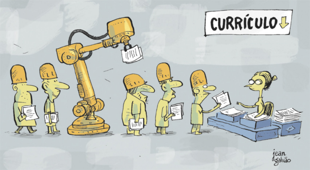 Charge. Operários estão em fila para entregar seus currículos. Entre eles, destaca-se um grande braço robótico, que também segura um currículo.