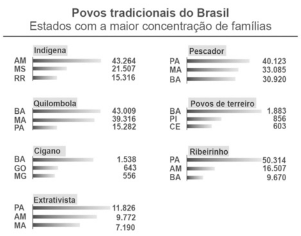 Conjunto de gráficos de barras com informações sobre 'Povos tradicionais do Brasil. Estados com a maior concentração de famílias'. Os dados são os seguintes: Indígena. Amazonas: 43.264. Mato Grosso do Sul: 21.507. Roraima: 15.316. Quilombola. Bahia: 43.009. Maranhão: 39.316. Pará: 15.282. Cigano. Bahia: 1.538. Goiás: 643. Minas Gerais: 556. Extrativista. Pará: 11.826. Amazonas: 9.772. Maranhão: 7.190. Pescador. Pará: 40.123. Maranhão: 33.085. Bahia: 30.920. Povos de terreiro. Bahia: 1.883. Piauí: 856. Ceará: 603. Ribeirinho. Pará: 50.314. Amazonas: 16.507. Bahia: 9.670.