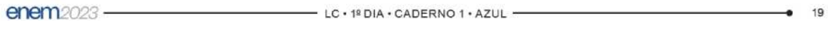 Rodapé da prova do Enem. No canto esquerdo, há o logotipo do Enem 2023; ao centro, a inscrição: 'LC - 1º dia / Caderno 1 - Azul'; e no canto direito o número '19'.