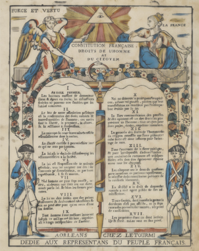 Pintura que contpem um documento francês. O texto está dividido em artigos e organizado em duas estelas com o topo arredondado. Ao lado de cada estela, há um soldado armado com baioneta. Entre elas, encontra-se um fascio com as extremidades pontiagudas. Acima delas, há uma placa com inscrições entre duas figuras femininas. A figura à esquerda possui asas e aponta para a parte superior, onde se encontra um triângulo com um olho humano ao centro. A figura à direita segura os elos de uma corrente quebrada.