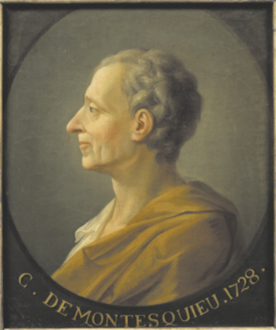 Pintura representando barão de Montesquieu. Ele é branco, idoso, possui cabelos curtos, usa um manto sobre o ombro esquerdo e está de perfil, voltado para o lado esquerdo da tela.