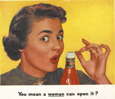 Cartaz com a imagem de uma mulher segurando uma garrafa, com expressão de espanto.