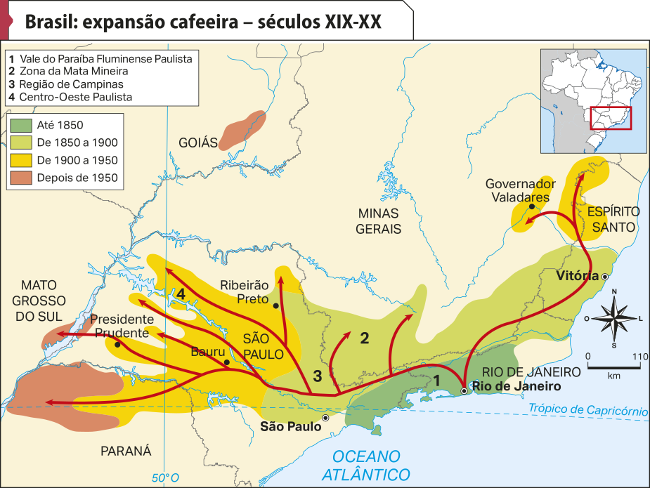 Mapa 'Brasil: expansão cafeeira – séculos XIX-XX'. Parte da região Sudeste contém áreas numeradas da seguinte maneira: Um: Vale do Paraíba Fluminense Paulista. Dois: Região de Campinas. 3: Zona da Mata Mineira. 4: Centro-Oeste Paulista. De acordo com a legenda, a expansão cafeeira ocorreu da seguinte maneira: Até 1850: da cidade do Rio de Janeiro para outras localidades da área um. De 1850 a 1900: centro-sul do Espírito Santo, áreas dois e 3. De 1900 a 1950: noroeste do Espírito Santo, região de Governador Valadares (Minas Gerais), área 4 e norte do Paraná. Depois de 1950: noroeste do Paraná, áreas esparsas na divisa entre São Paulo e Mato Grosso e em Goiás.