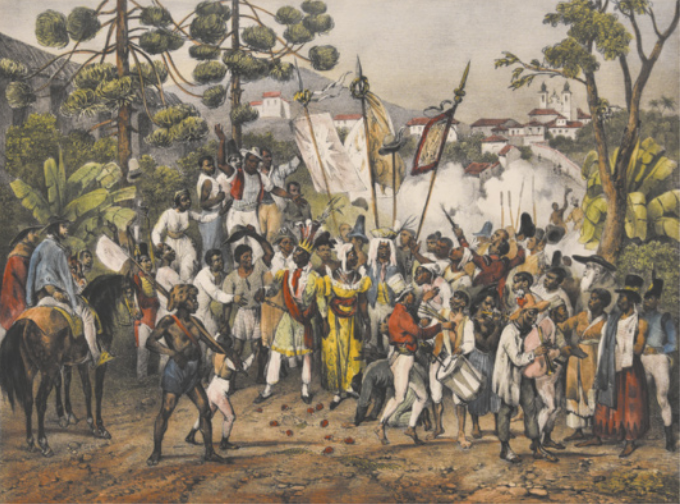 Gravura representando pessoas negras em uma festa ao ar livre. Ao centro, um homem e uma mulher usam, respectivamente, trajes de rei e de rainha. Eles são seguidos por um cortejo com estandartes. À frente deles, um indivíduo toca tambor. À esquerda, há dois homens brancos a cavalo.