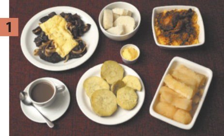 1. Imagem de xícara de café com leite e porções de carne, macaxeira, pão, manteiga e inhame.