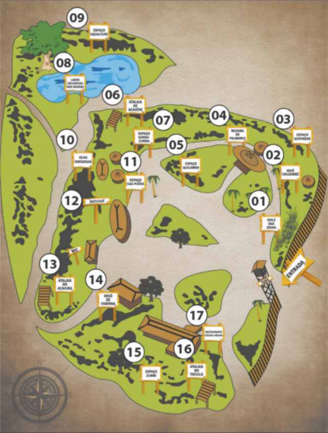 Mapa de um parque com pontos de interesse numerados de um a 17.