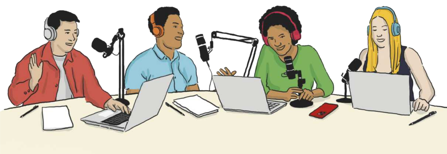 Imagem de jovens sentados ao redor de uma mesa, utilizando fones de ouvido, microfones e computadores.