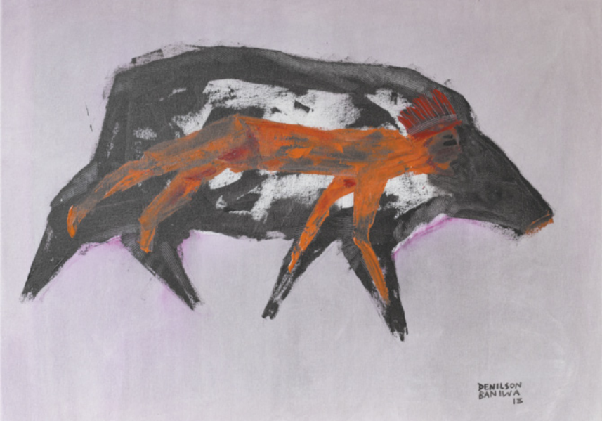 Pintura representando uma pessoa indígena alinhada a um catitu. Ele está de perfil e caminha para o lado direito. As pernas e braços da pessoa estão na mesma posição que as patas do catitu.
