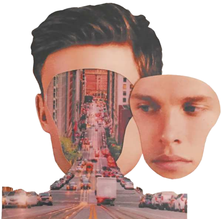 Imagem de colagem composta pelo retrato de um homem e pela imagem de uma avenida. O rosto do homem está recortado e posicionado à direita da cabeça. No lugar do recorte, encontra-se a imagem da avenida, pela qual trafegam carros e caminhões.