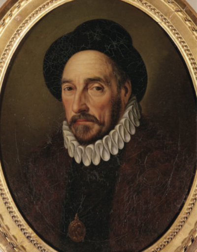 Pintura que retrata Michel de Montaigne. Ele é branco, possui bigode e cavanhaque e usa chapéu, casaco e gola com babados.