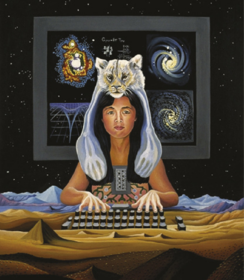 Pintura representando um ciborgue com corpo feminino. Ele possui uma placa de circuitos no peito e digita um teclado em uma paisagem desértica com pirâmides. Um filhote de leão está sobre a cabeça do ciborgue, com as patas dianteiras estendidas até os ombros dele. Atrás do filhote, há um quadro com imagens de galáxias e uma grade de linhas.
